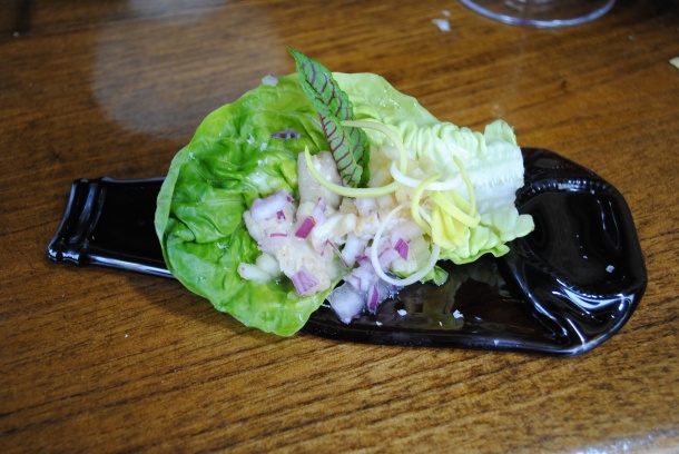 Fish with lettuce and onion on a creative serving dish.